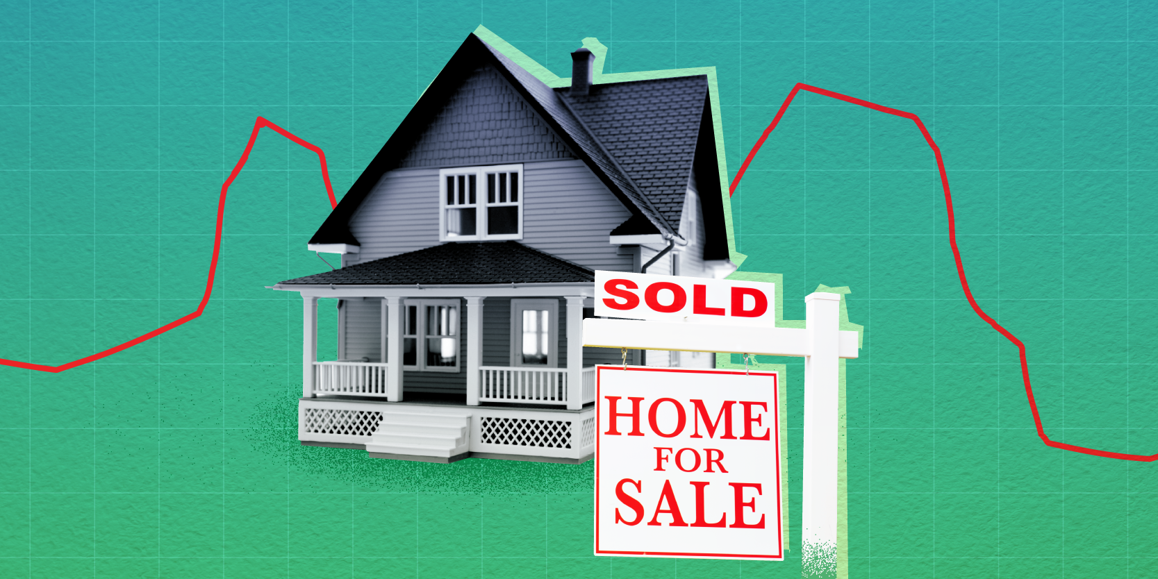 House with "sold" sign in front, with decreasing red line graph on gradient background