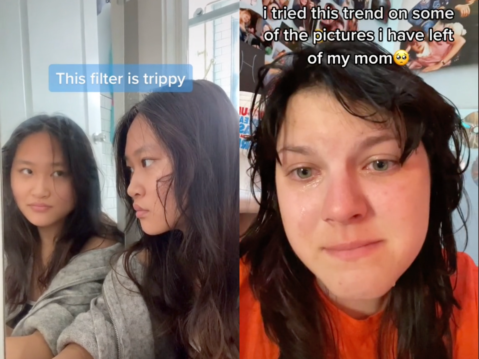 two tiktok screenshots side by side, the left shows a person with long hair reflected in a mirror with a different facial expression on the mirror counterpart, the right shows a person with an orange t-shirt crying. text reads "this filter is trippy" and "I tried this trend on some of the pictures I have left of my mom"