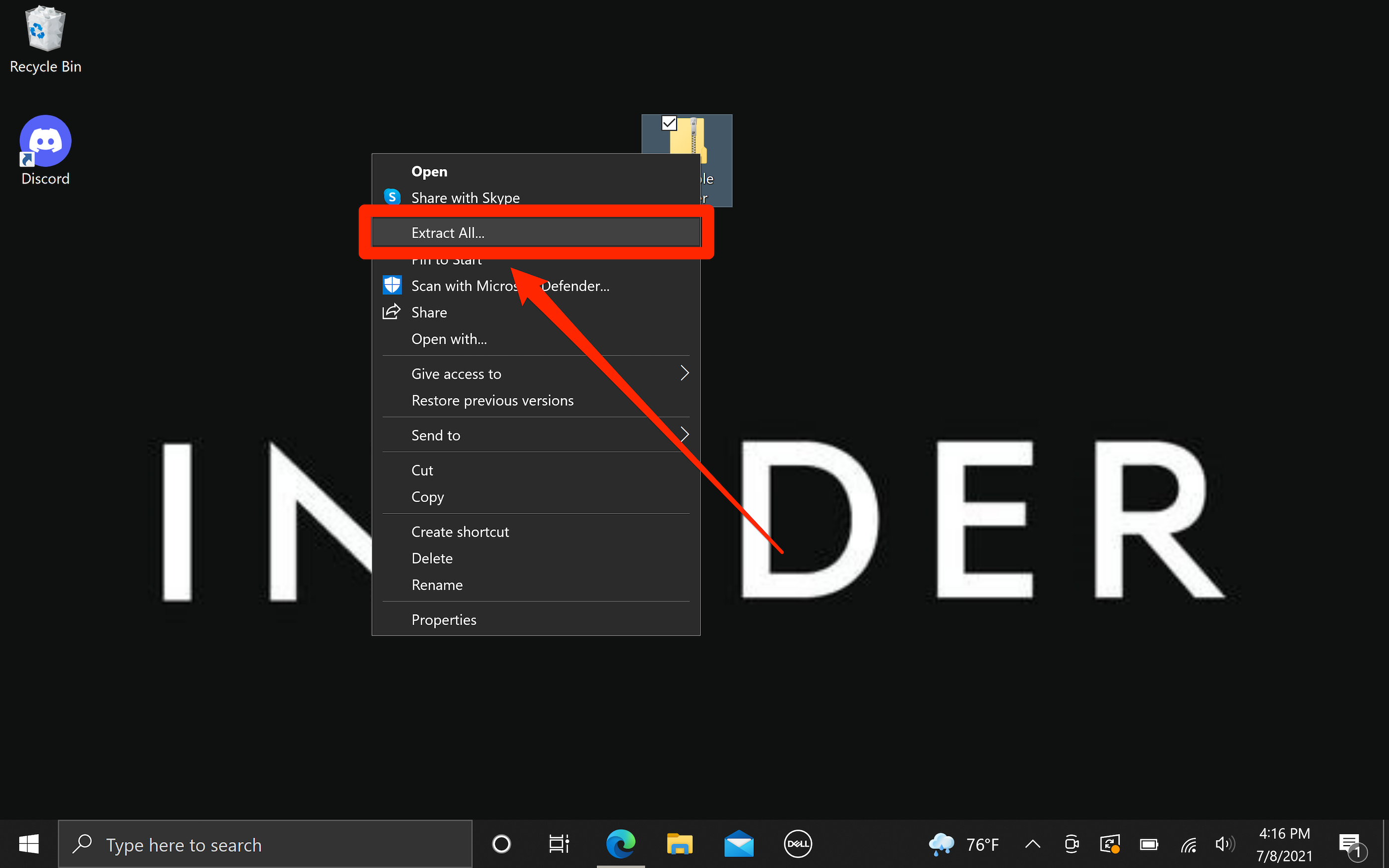 A Windows 10 desktop. A ZIP file has been right-clicked, and in the menu that opened, "Extract all" is highlighted.