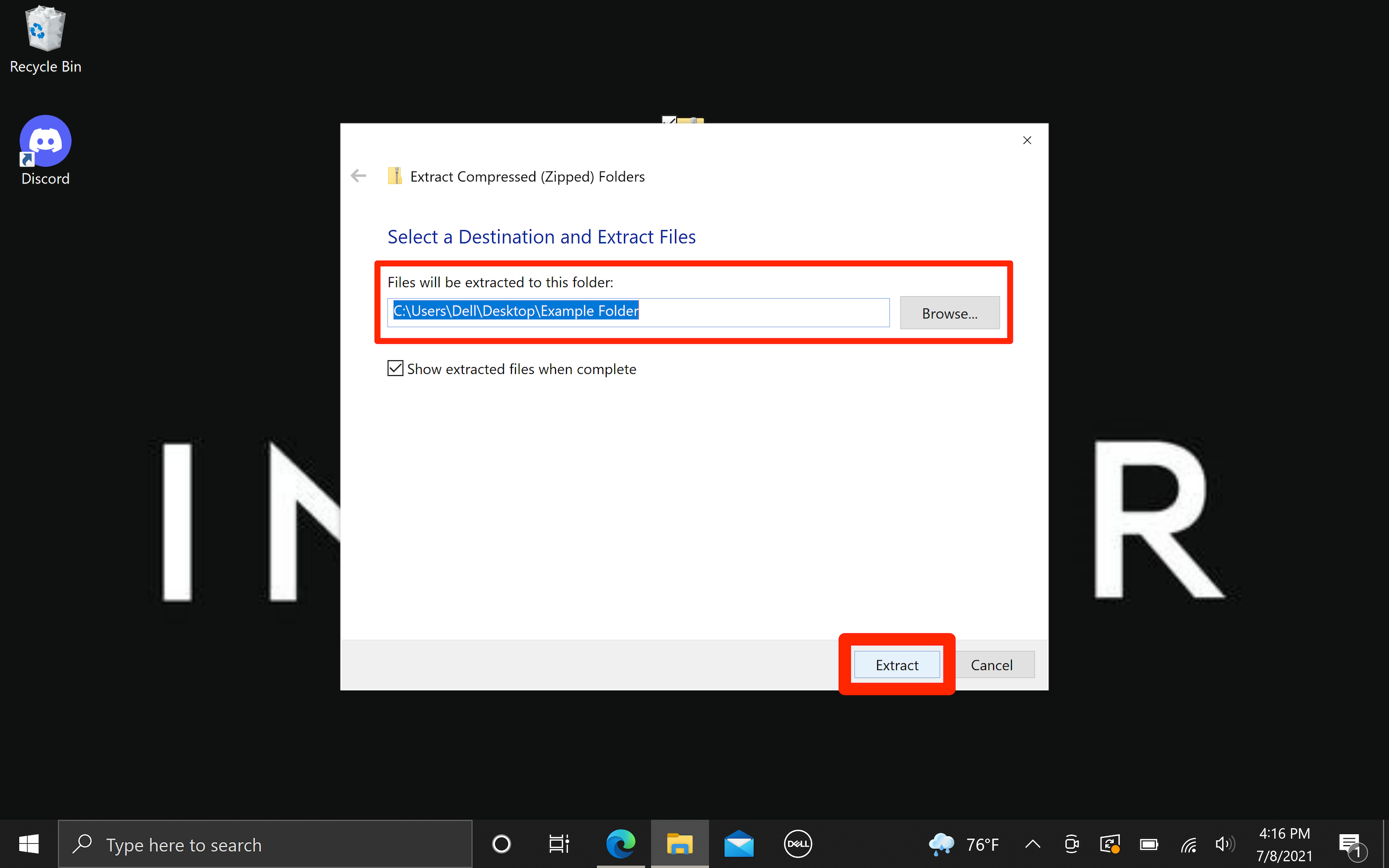 The Windows 10 Zip Wizard, with the Browse and Extract options higlighted.