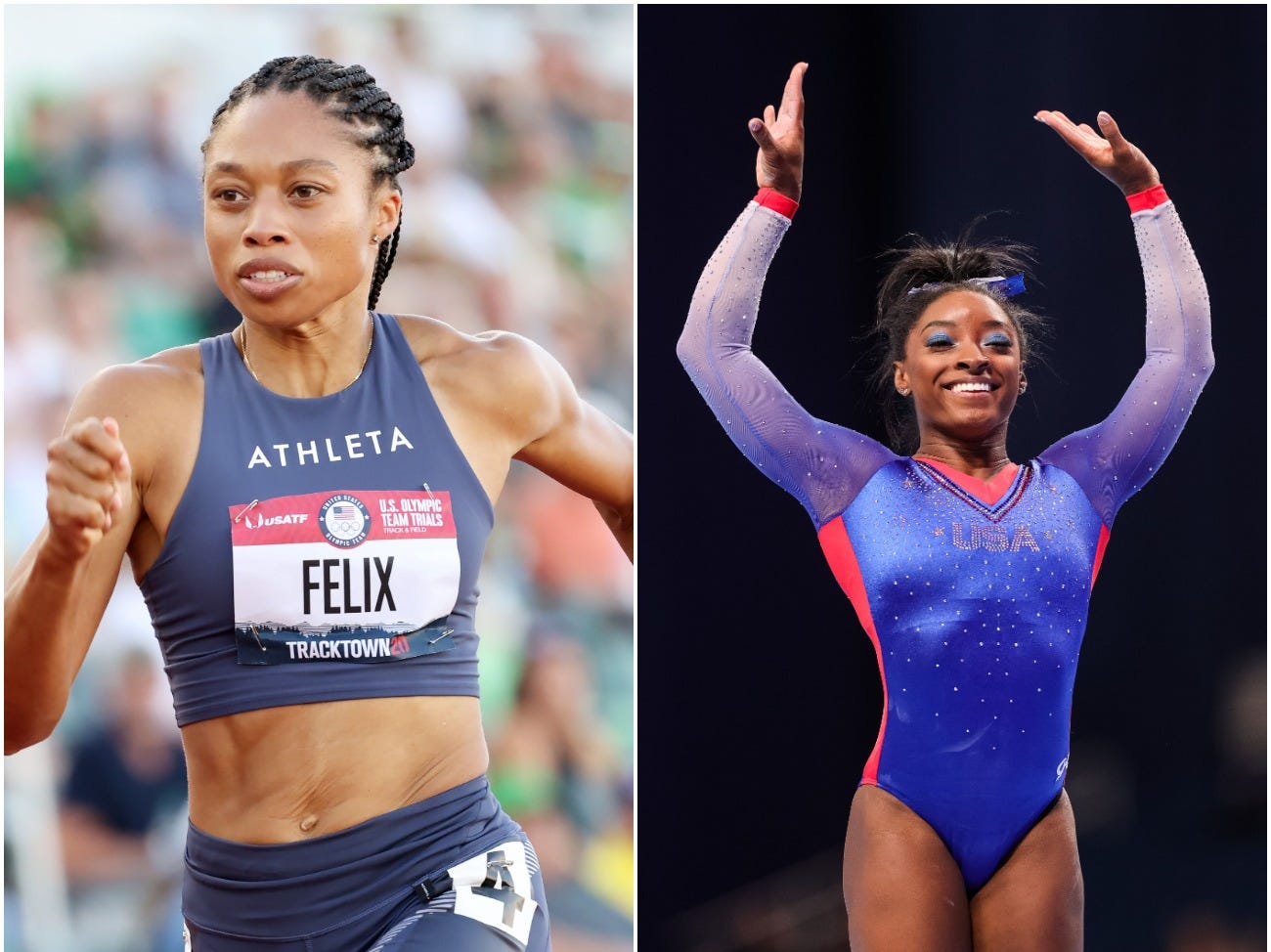 US Olympians Allyson Felix and Simone Biles competing