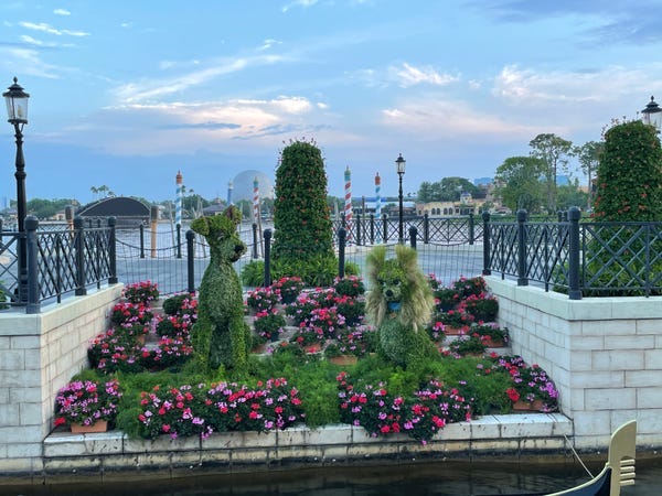 Lady and the tramp topiary during epcot flower festival