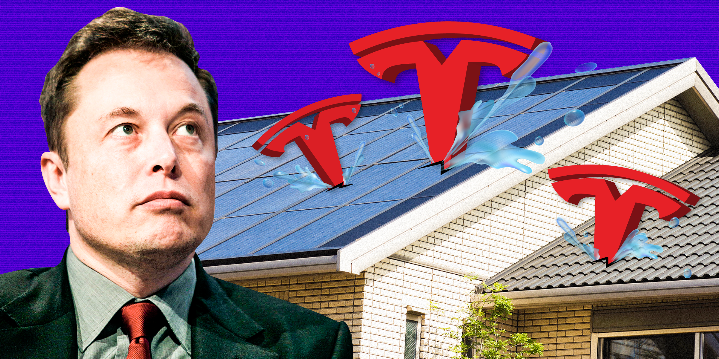 Elon Musk watching water leak out of a Tesla solar panel roof on a purple background.