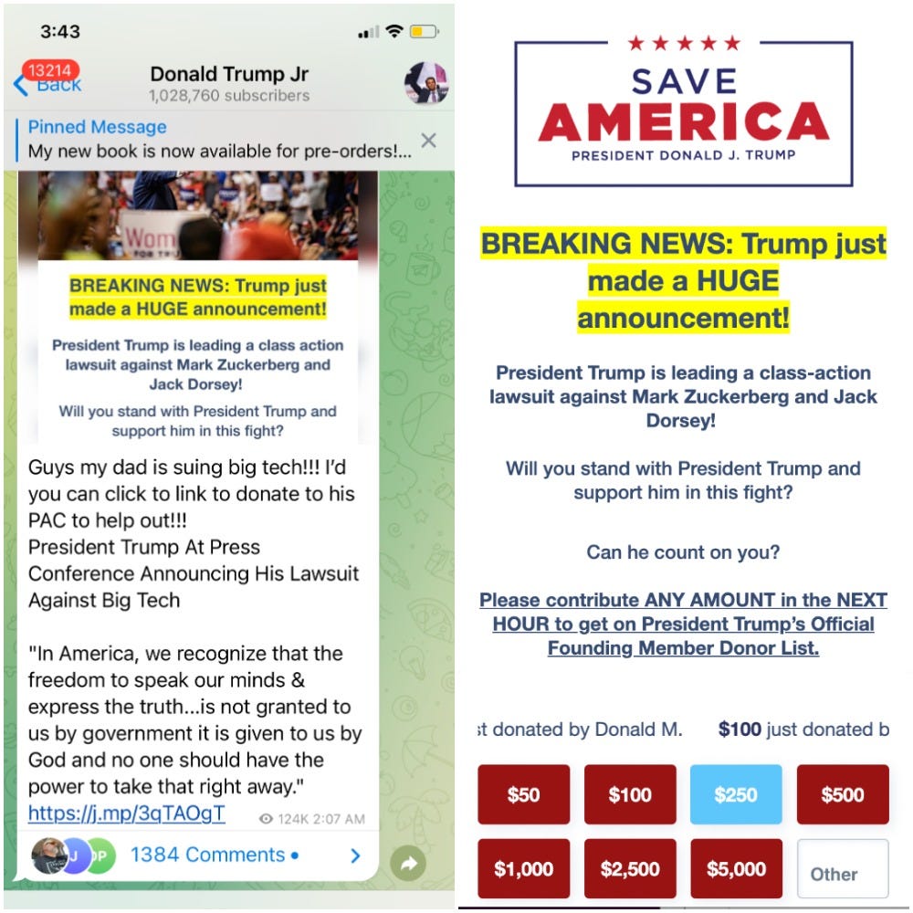 Donald Trump Jr's Telegram page (left) and page asking for donations for Trump's legal fees (right)