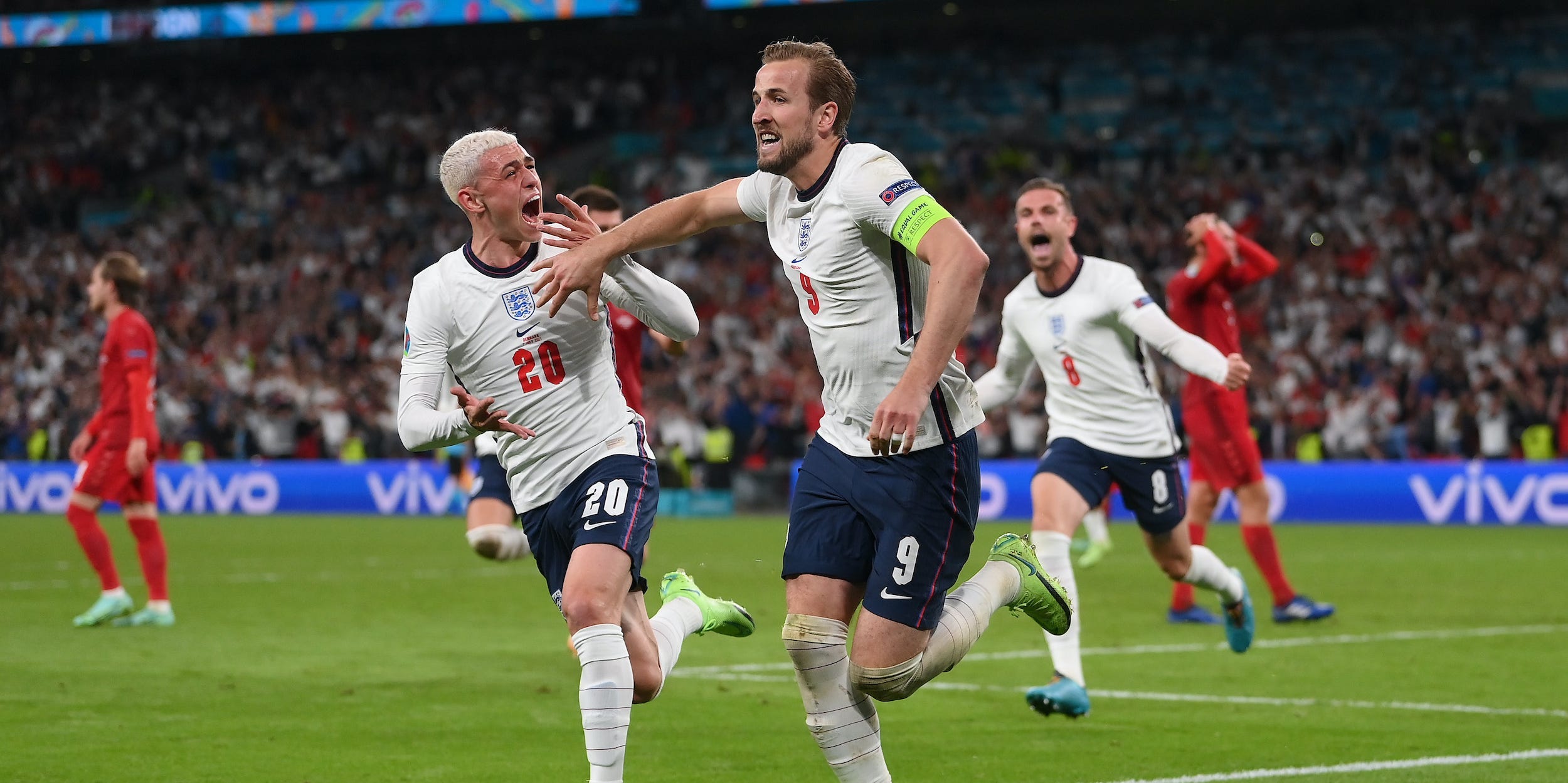 England captain Harry Kane celebrates scoring the winning goal against Denmark in the Euro 2020 semifinal.