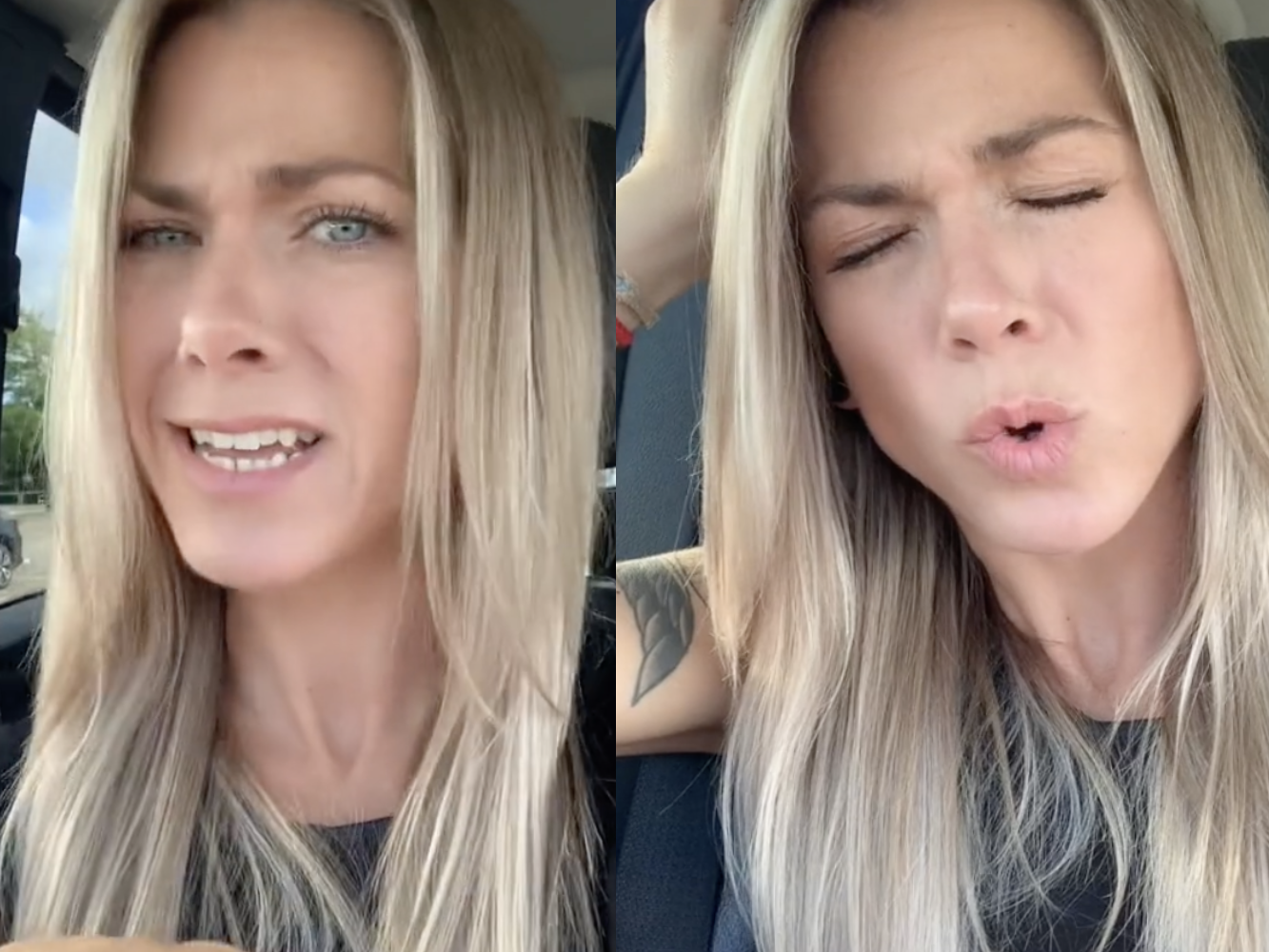 Jennifer Anniston lookalike in her car acting out a scene from Friends on TikTok