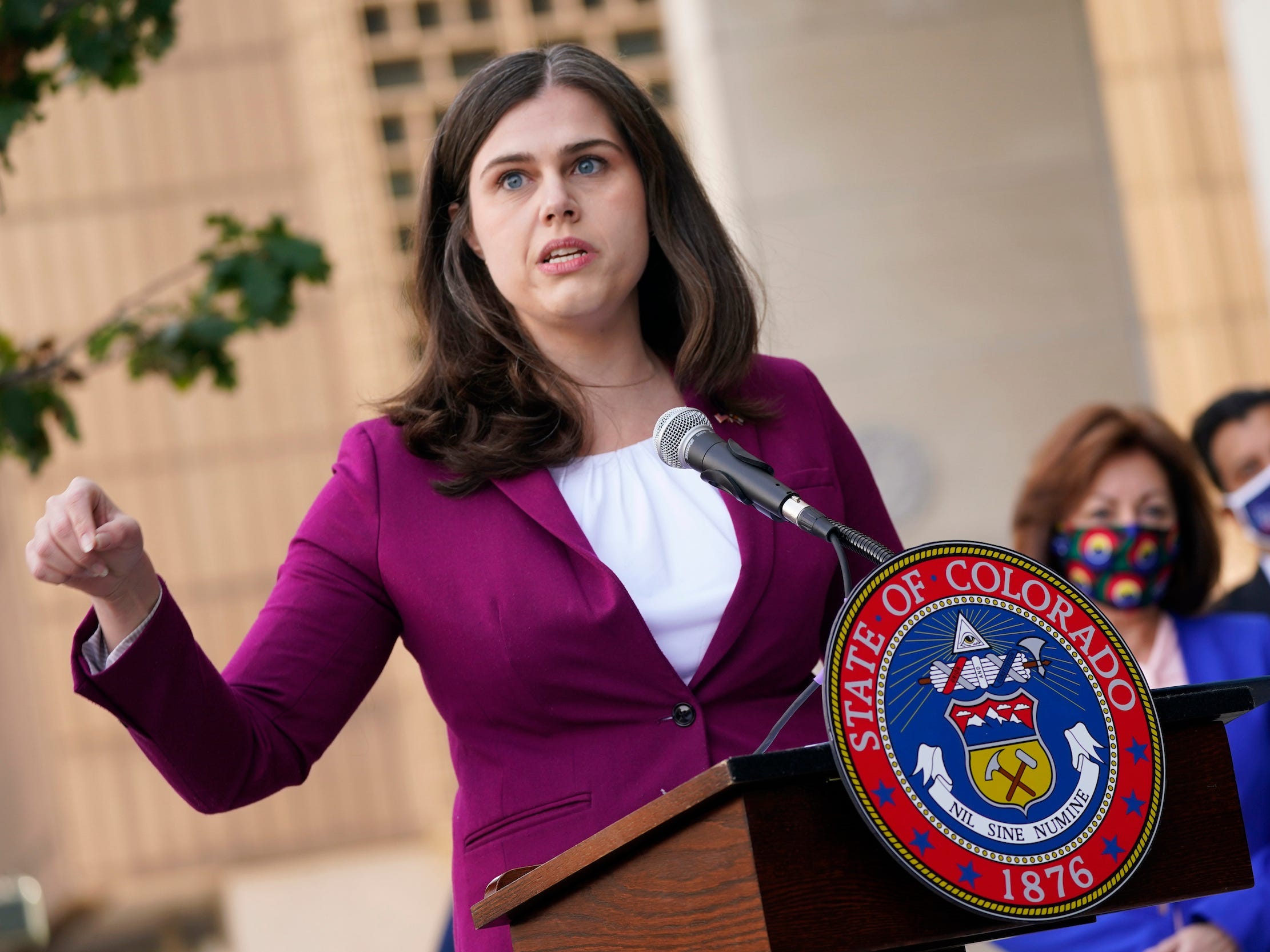 Colorado Secretary of State Jena Griswold makes a point during a news conference about the the state's efforts to protect the process of casting a vote in the general election Thursday, Oct. 15, 2020, in downtown Denver.