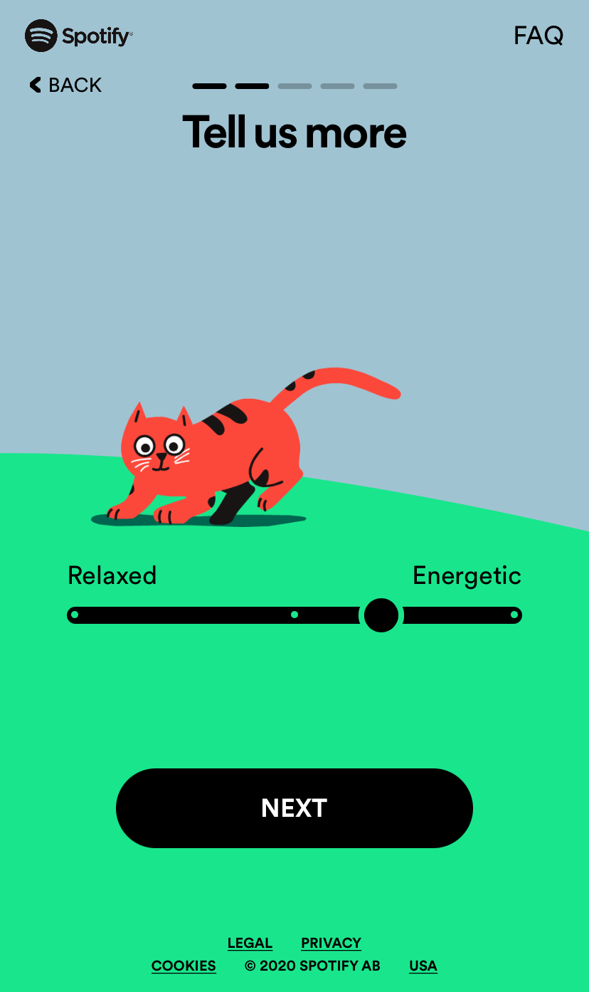 A cartoon cat dances on top of a slider that goes from "Relaxed" to "Energetic."