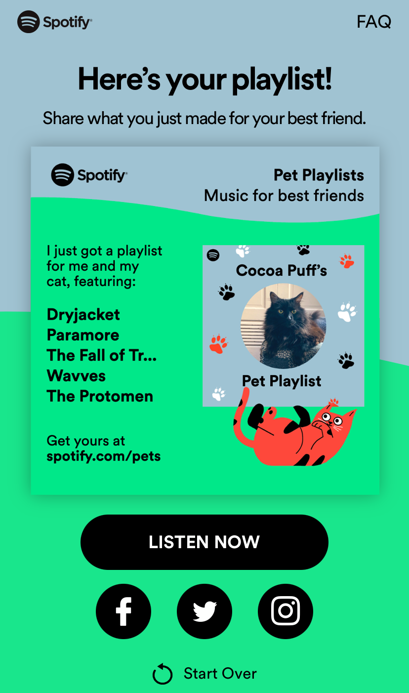 A Spotify Pet Playlist preview, with various bands listed on it.