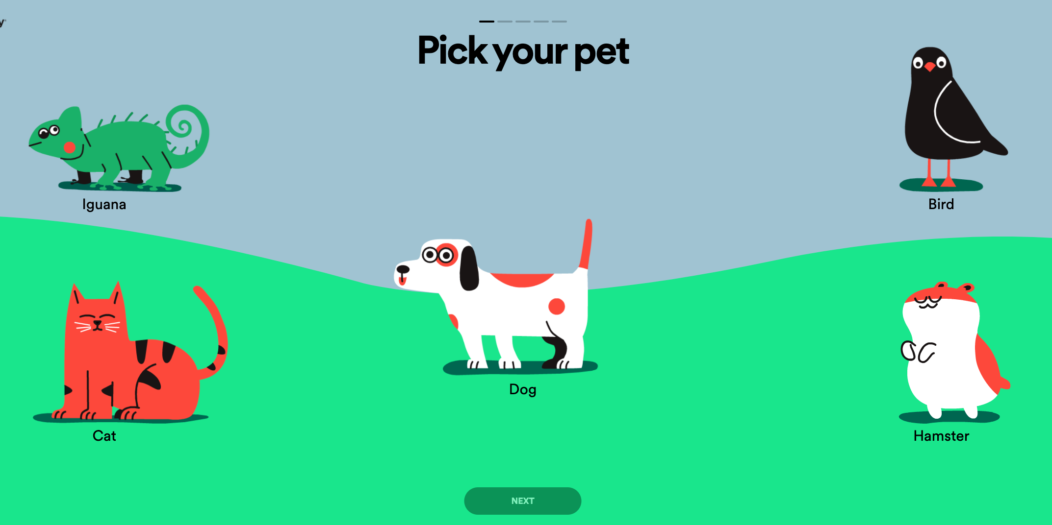 Spotify's Pet Playlist page, showing cartoons of a dog, cat, hamster, bird, and iguana.