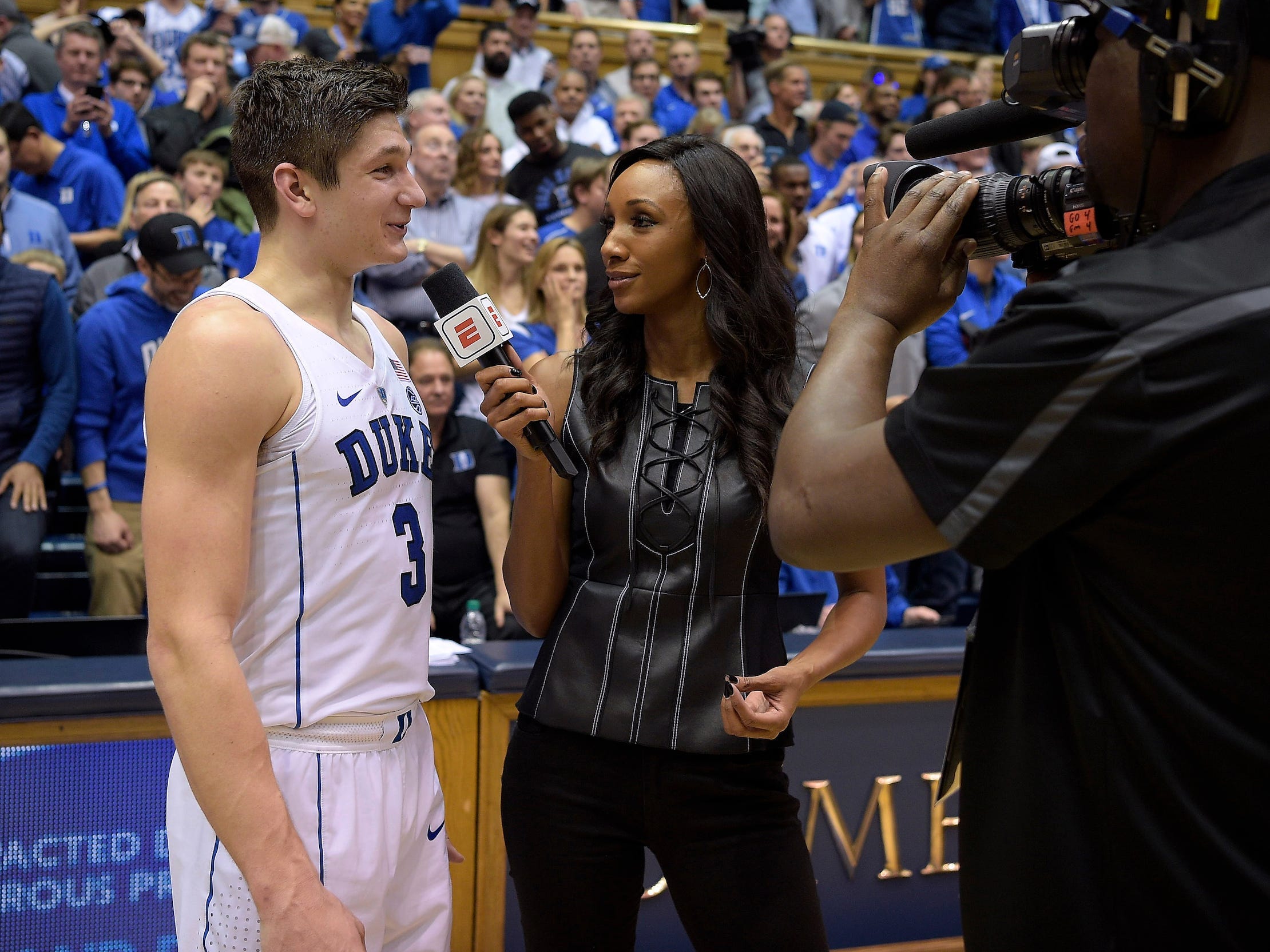 Maria Taylor (right) interviews Duke's Grayson Allen.