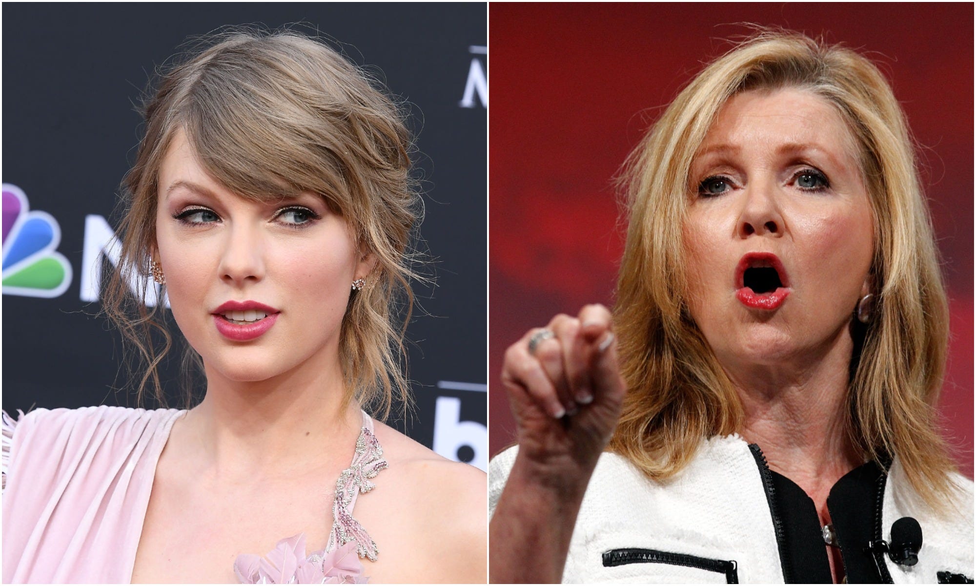 Taylor Swift (left), Tennessee senator Marsha Blackburn (right)