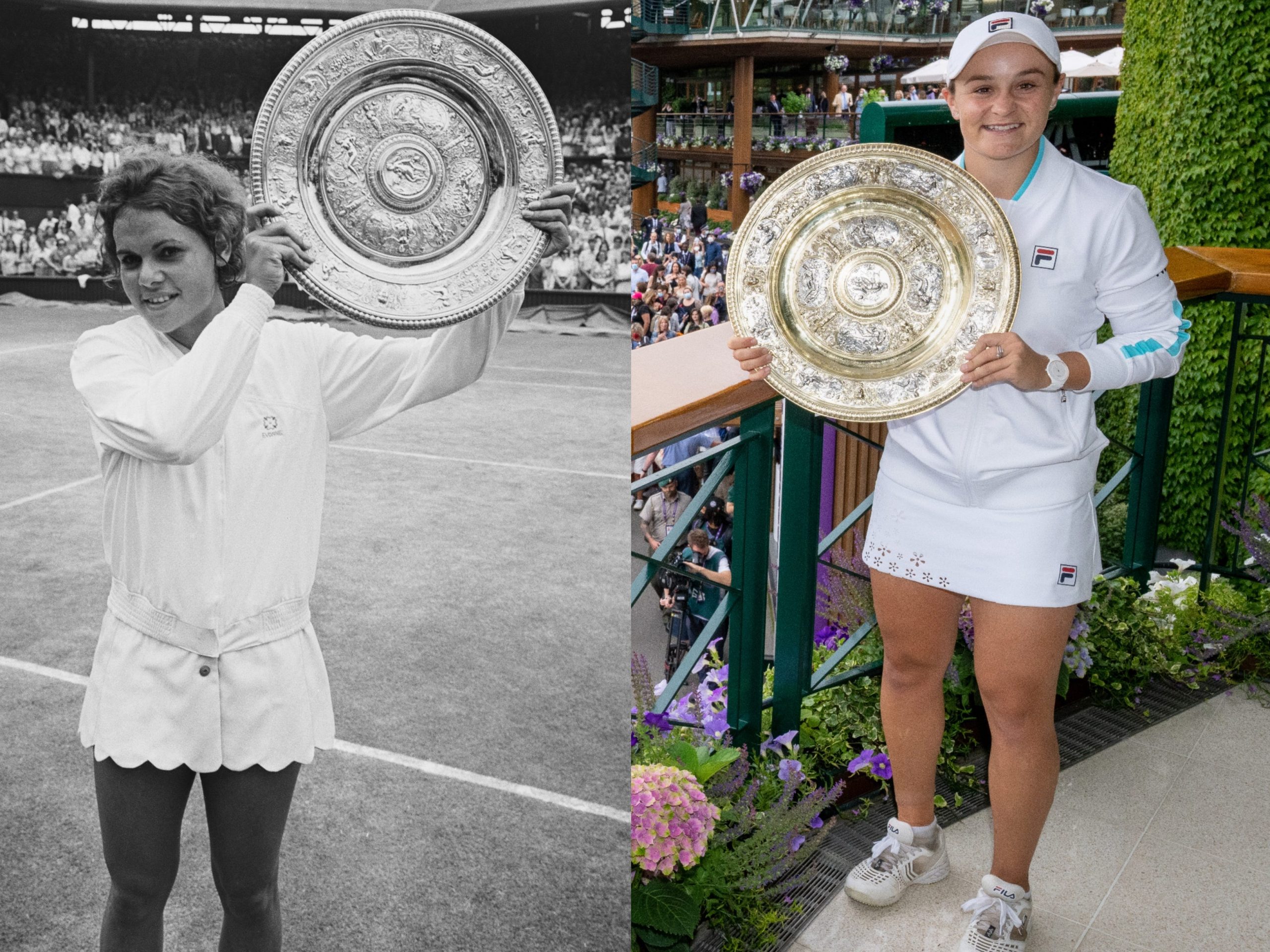 Preview of Evonne Cawley and Ashleigh Barty holding their Wimbledon trophies.