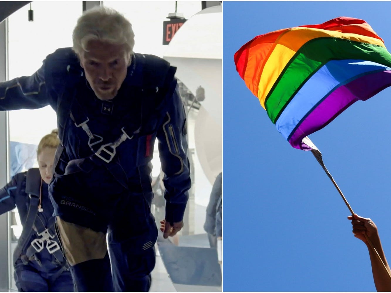 Sir Richard Branson pictured with an LGBTQ Pride flag