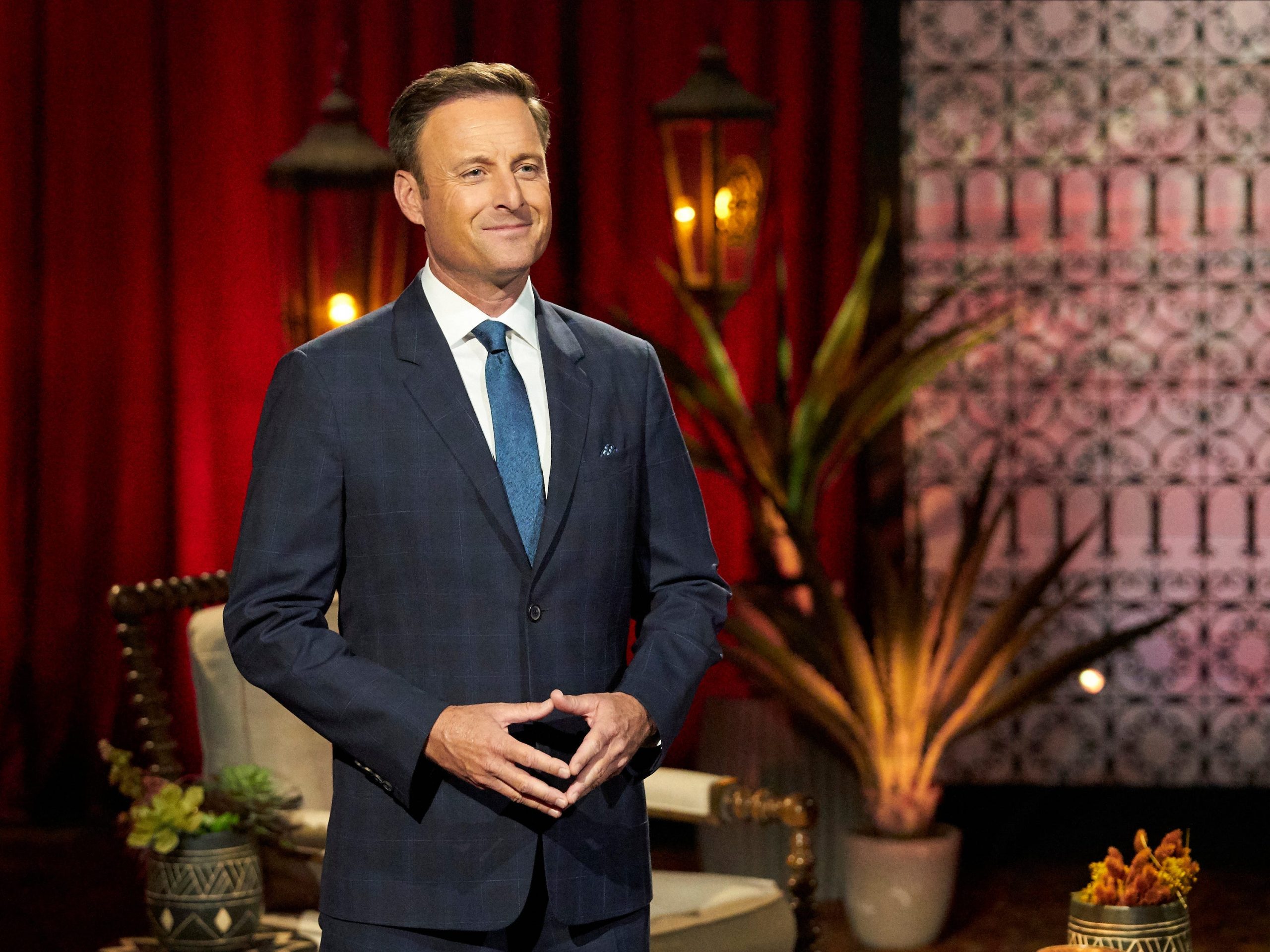 "Bachelor" host Chris Harrison wears a suit while filming the series for ABC.