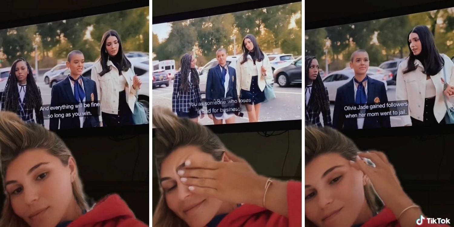 Screenshots of Olivia Jade Giannulli reacting to a TV with "Gossip Girl" playing in background