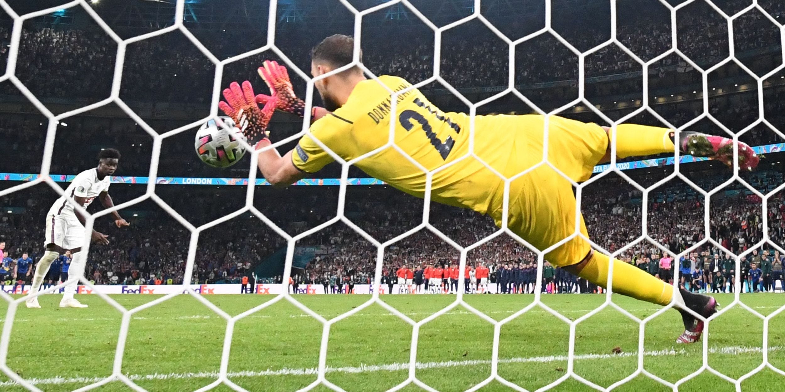 Italy's Gianluigi Donnarumma saves a Bukayo Saka penalty, winning Euro 2020 for Italy