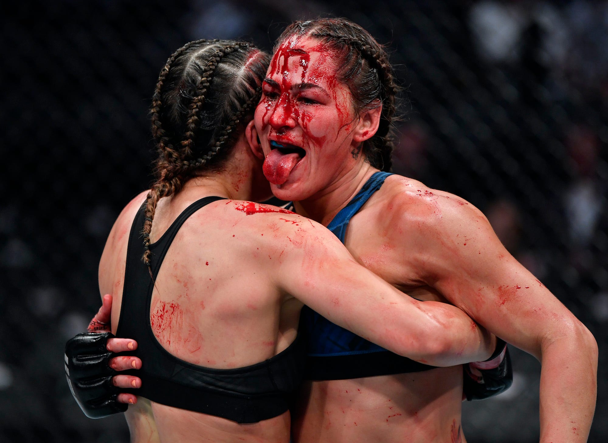 Jessica Eye reacts after the end of her UFC match.