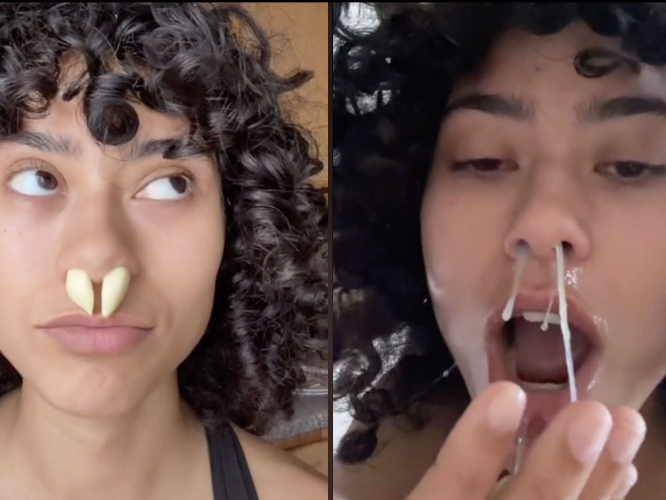 This is a side-by-side photo of the TikToker @siuwupeepoo testing the garlic trend.