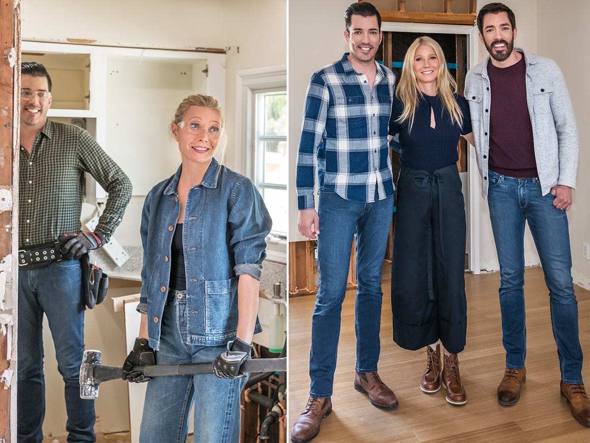 A side by side of Gwyneth Paltrow wearing protective glasses and holding a tool and standing in between the Property Brothers.