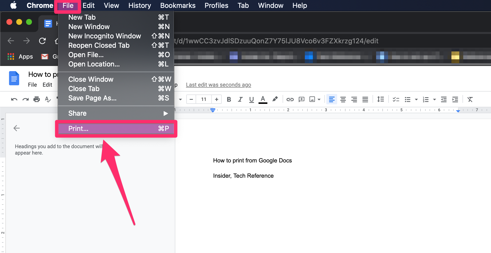 Screenshot of File > Print drop-down in Google Docs