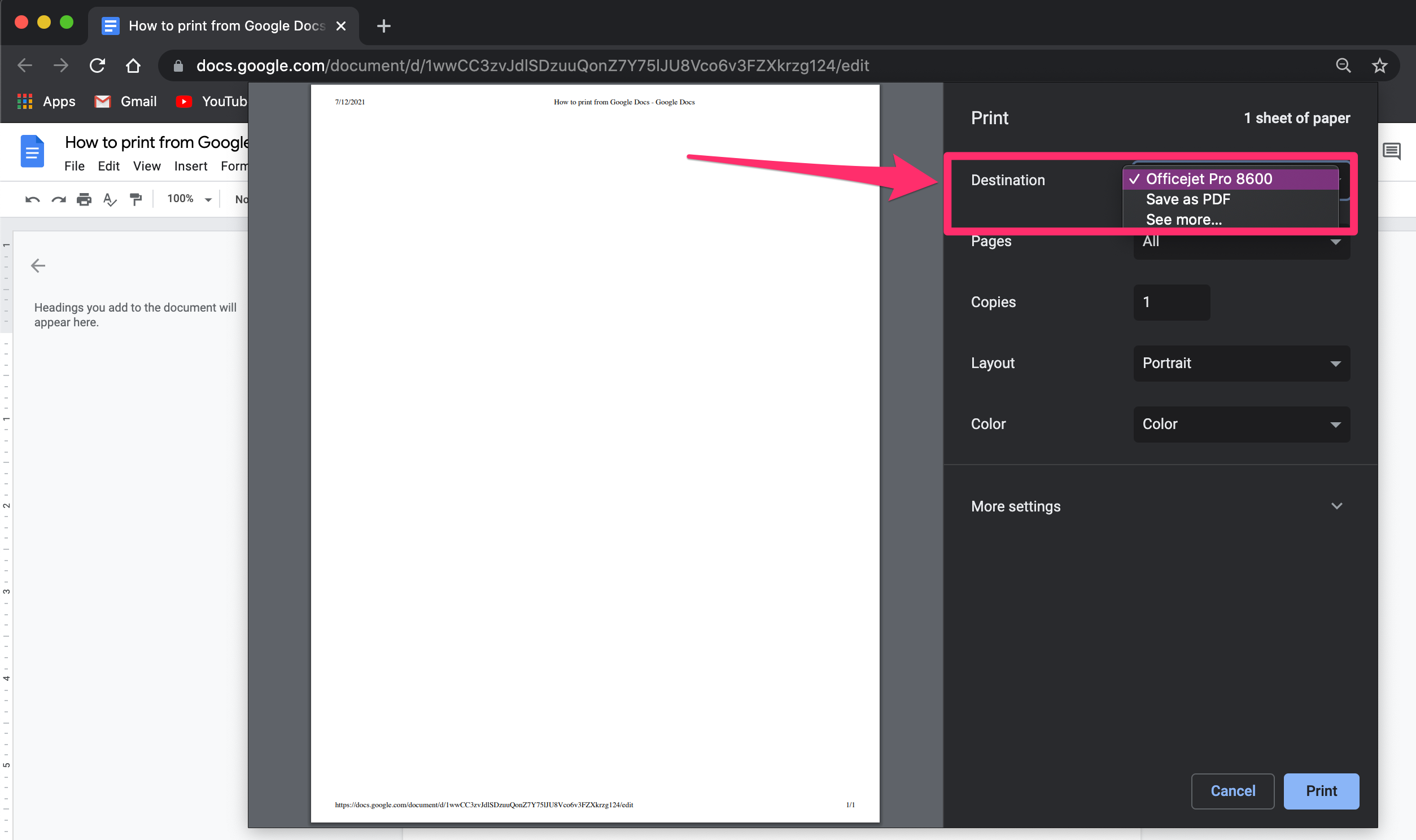 Screenshot of Print Details window in Google Docs