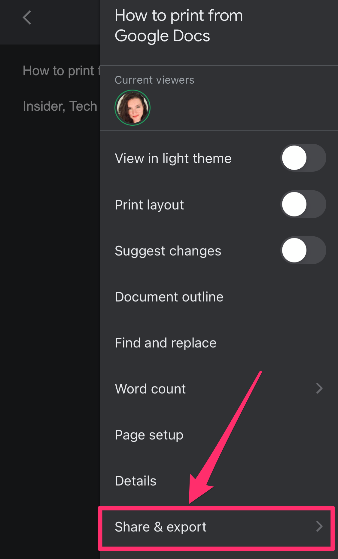 Screenshot of Google Docs app three-dot menu