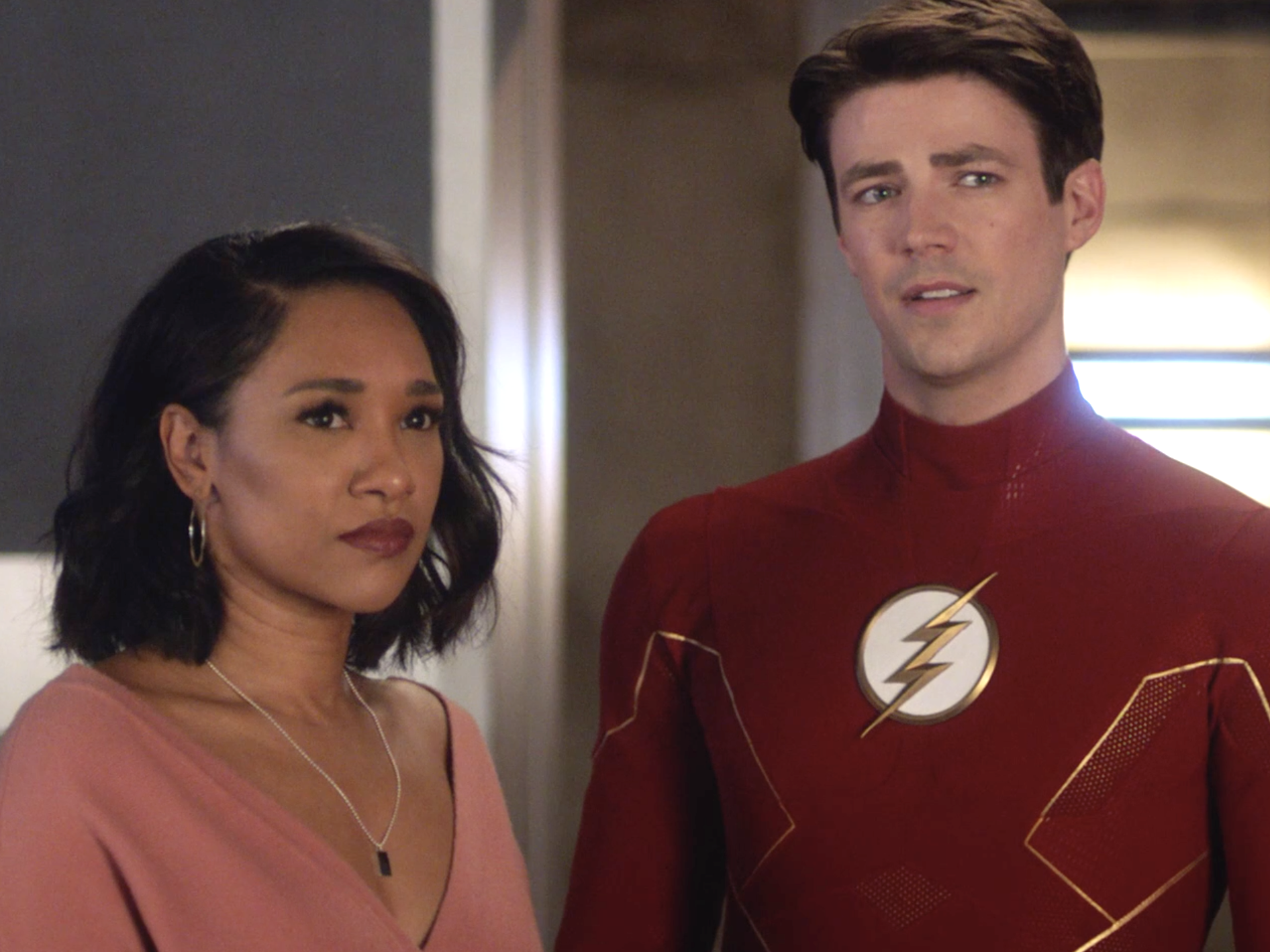 Candice Patton as Iris West-Allen and Grant Gustin as Barry Allen on season seven, episode 11 of "The Flash."