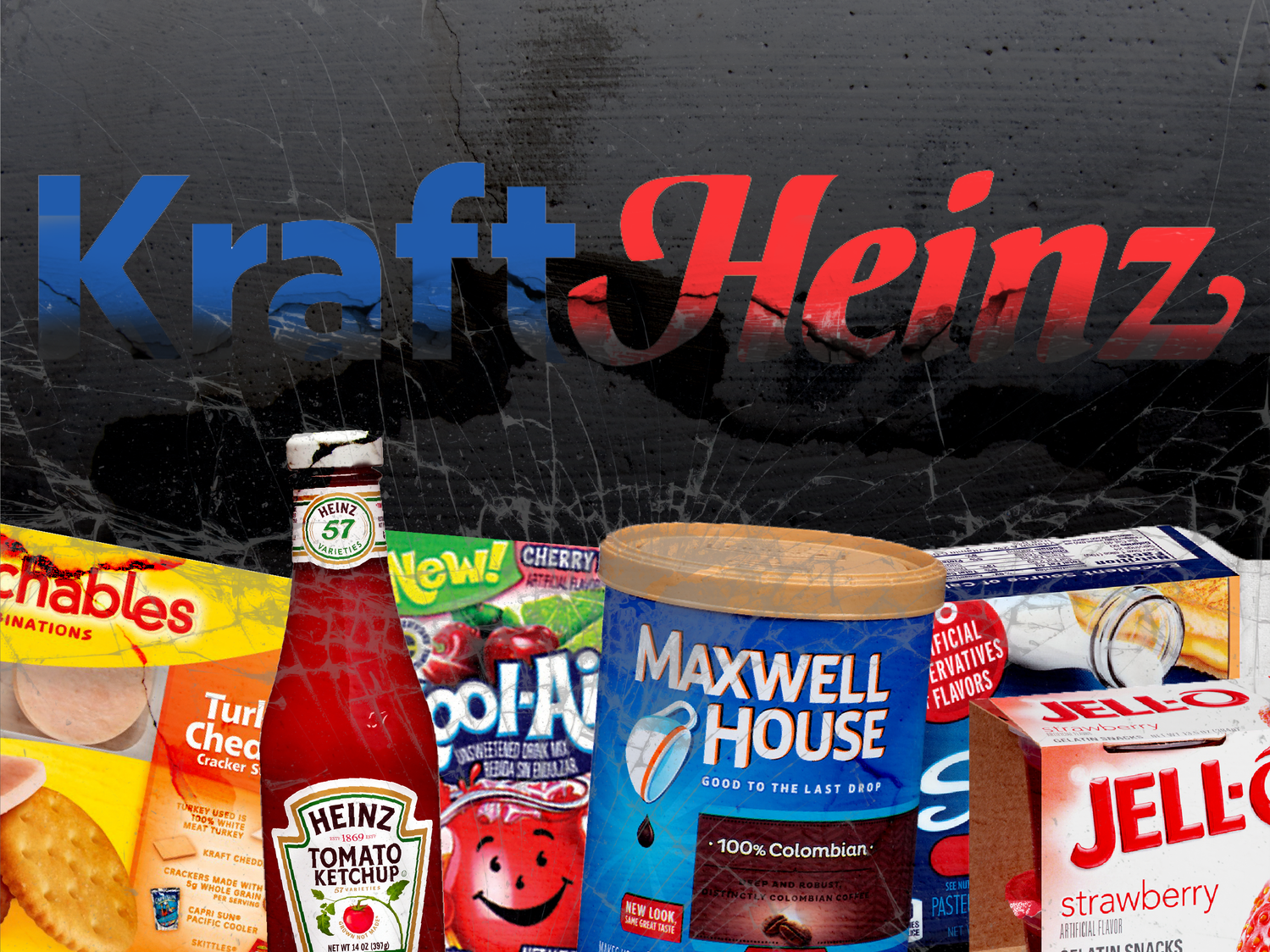 Kraft Heinz logo on a black background, fading to black with cracks leading into food products from Heinz and Kraft brands.