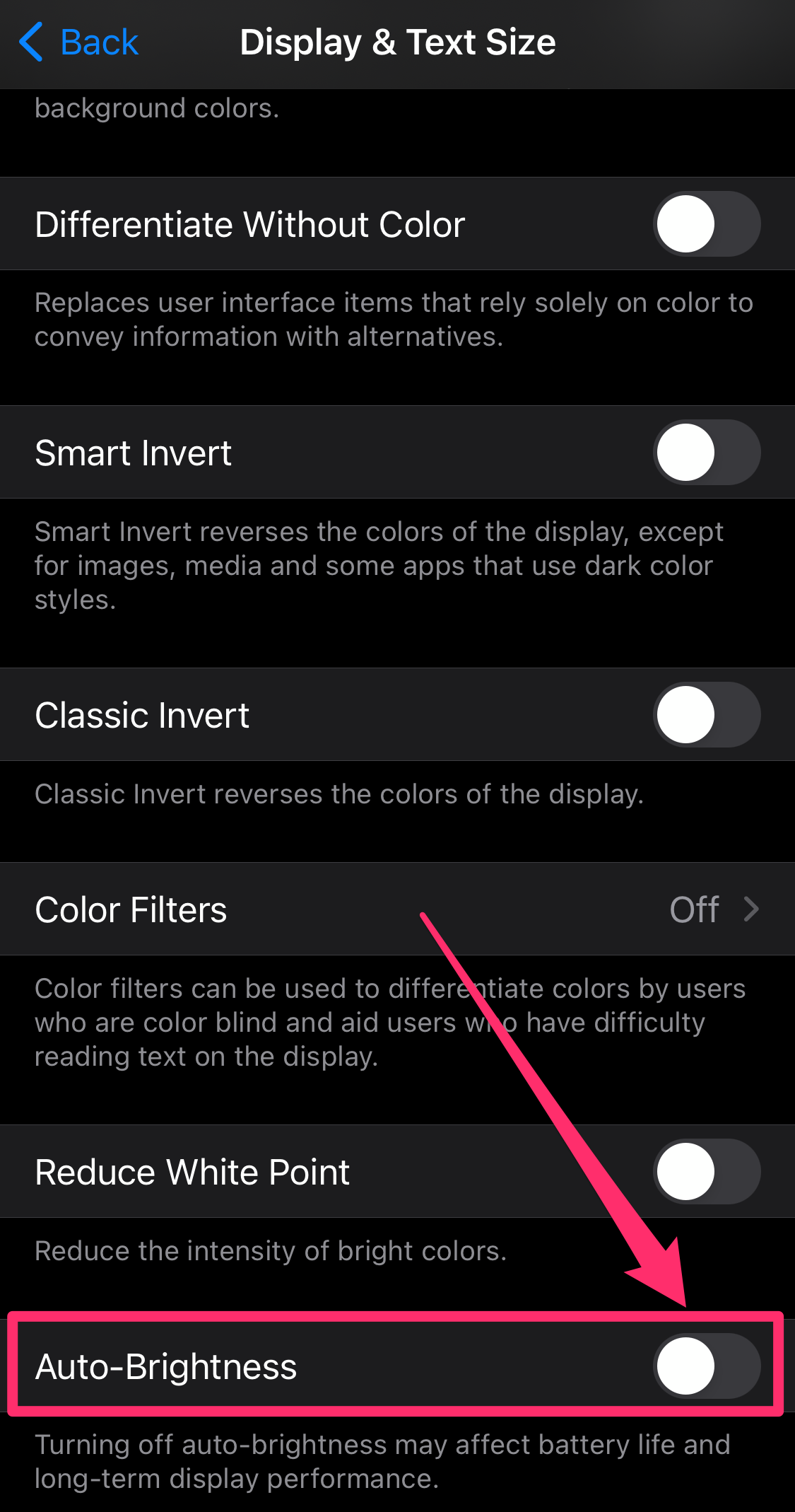 Screenshot of Display & Text Size page on iPhone Settings app