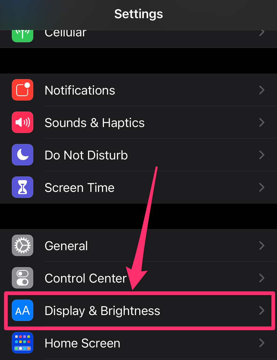 Screenshot of Settings homepage on iPhone