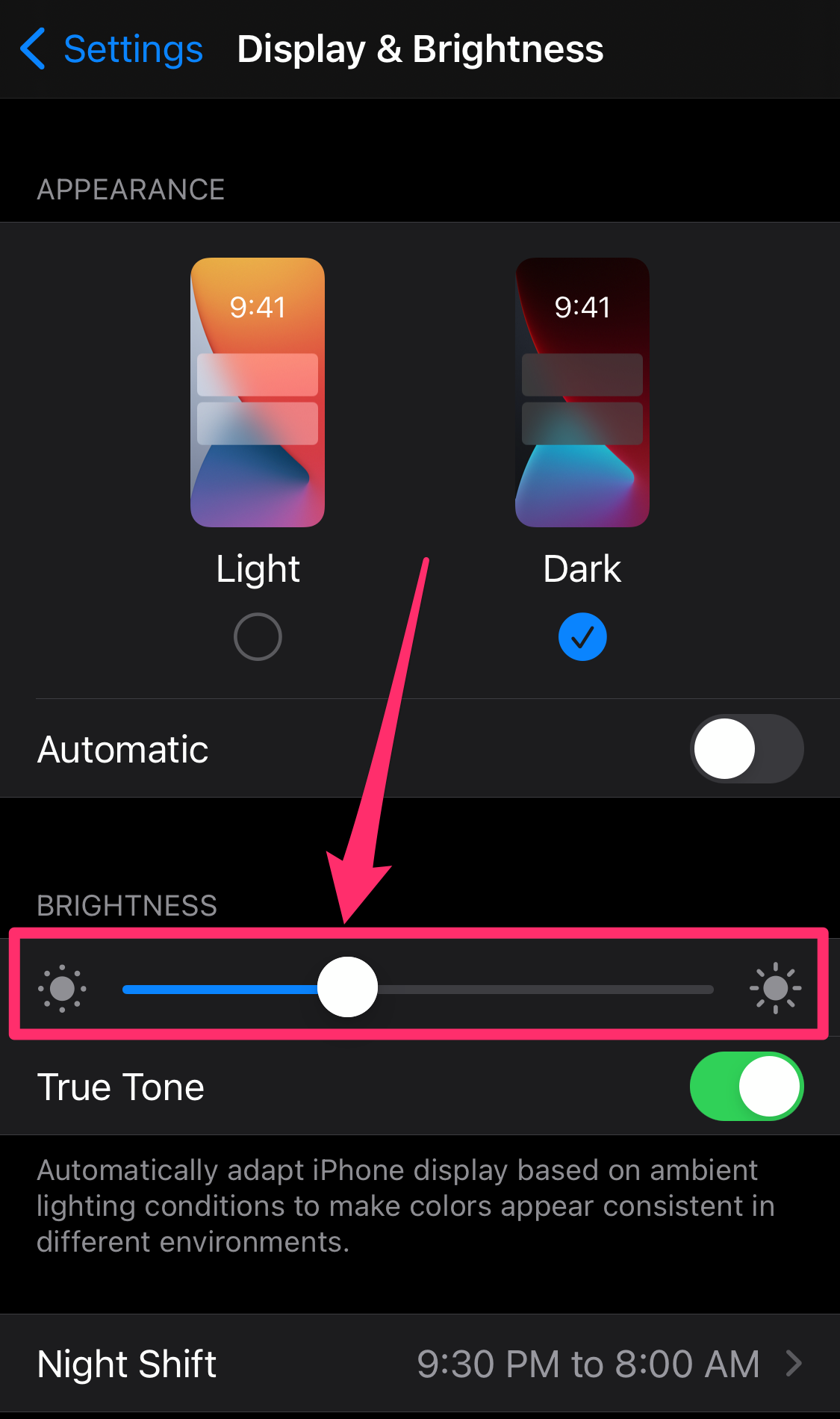 Screenshot of Display & Brightness page in iPhone Settings app