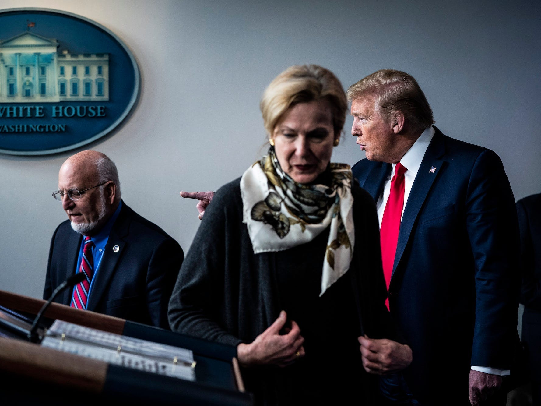 Robert Redfield, Debra Birx, and Donald Trump