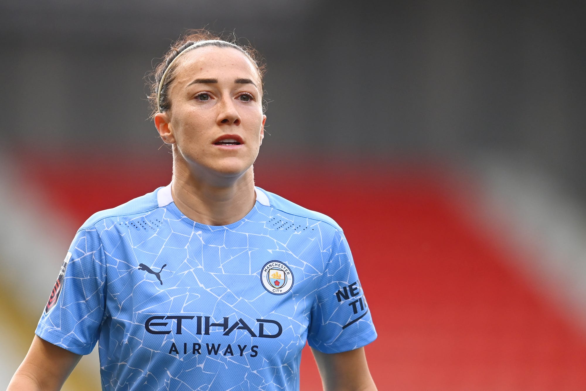 Lucy Bronze of Manchester City in action during the Barclays FA Women's Super League match between Manchester United Women and Manchester City Women at Leigh Sports Village on November 14, 2020 in Leigh, England. Sporting stadiums around the UK remain under strict restrictions due to the Coronavirus Pandemic as Government social distancing laws prohibit fans inside venues resulting in games being played behind closed doors