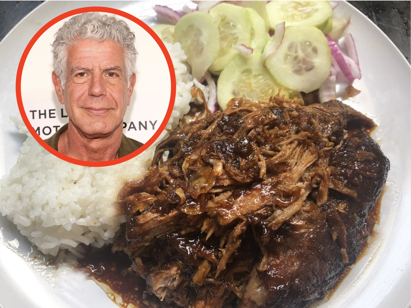 small headshot of anthony bourdain overlain on a plate of his pork shoulder recipe with pickled vegetables and rice