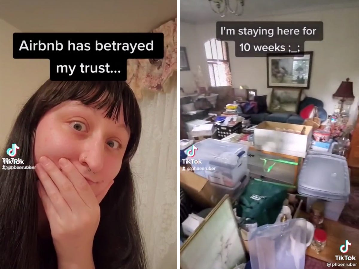 A side-by-side of a woman with her hand on her face and a living room filled with garbage.