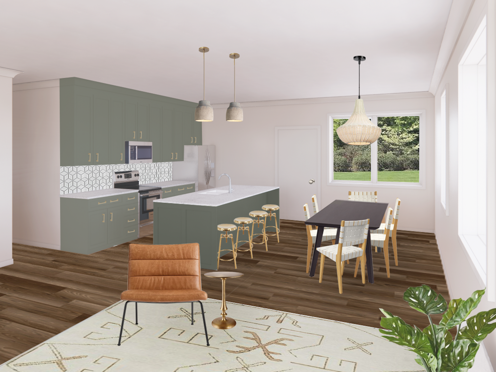 A rendering of the interior of the home's dining room and kitchen