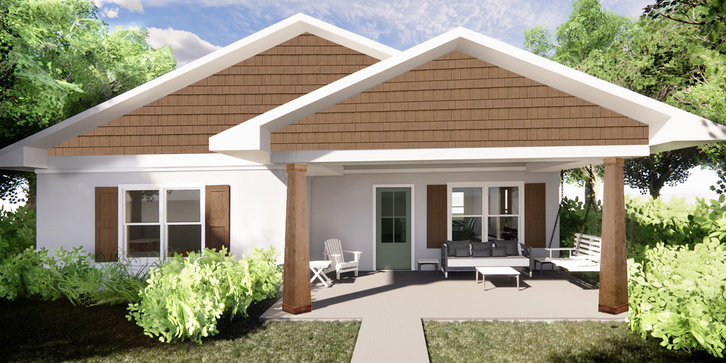 A rendering of the exterior of the brown and white home with trees and bushes around it