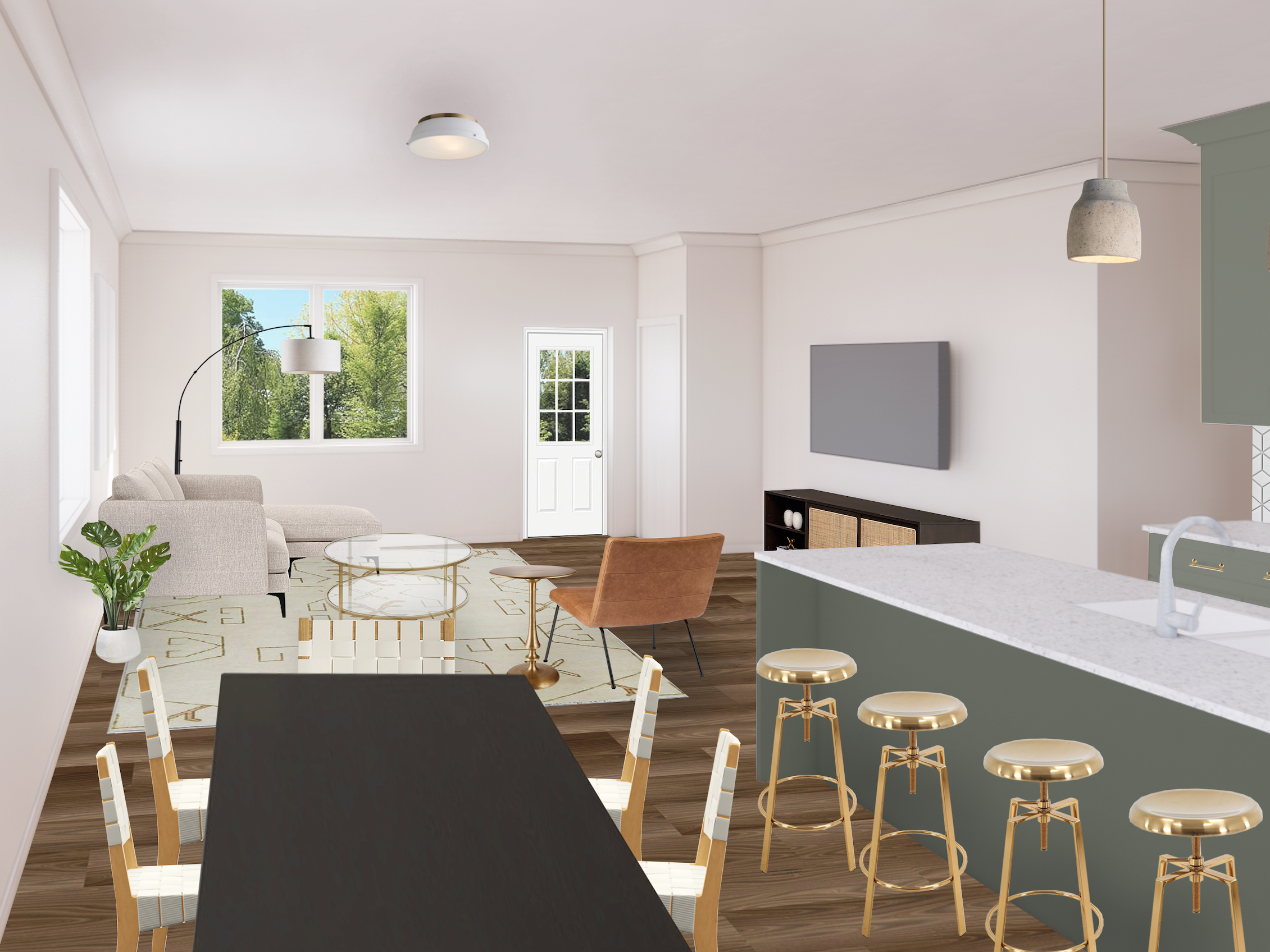 A rendering of the interior of the home's dining and living room, kitchen
