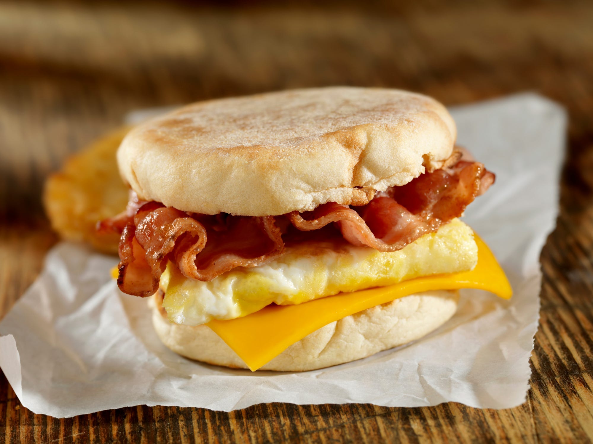 A bacon, egg, and cheese sandwich on an english muffin