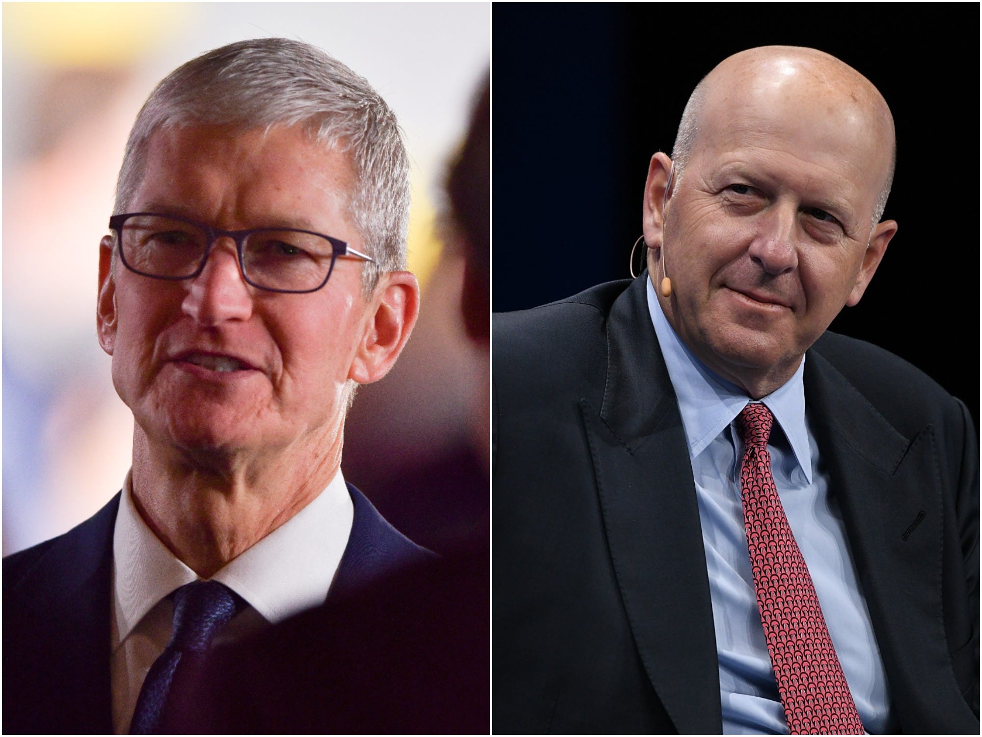 Apple CEO Tim Cook next to a picture of Goldman Sachs CEO David Solomon