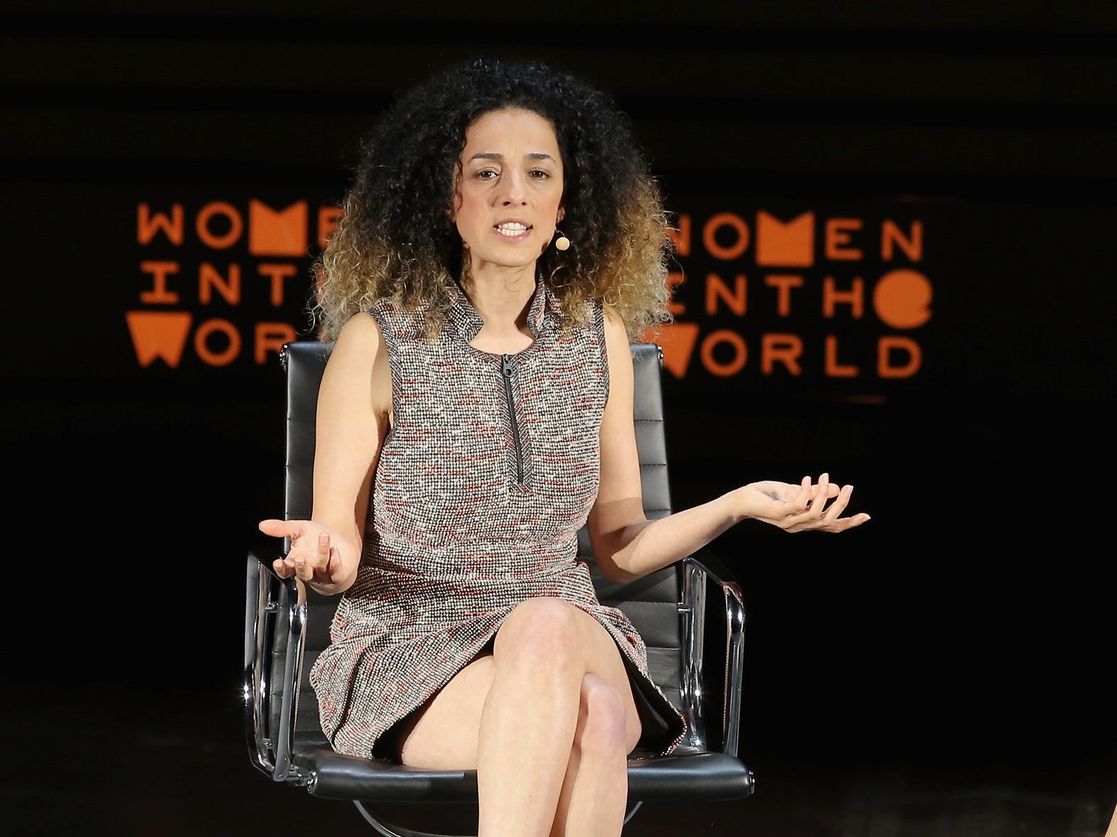 Masih Alinejad speak onstage at My Stealthy Freedom during Tina Brown's 7th Annual Women In The World Summit in 2016