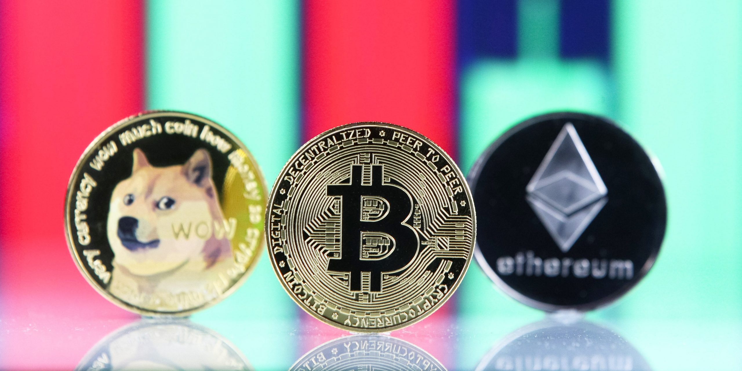 Bitcoin, Dogecoin, Ethereum cryptocurrency coins