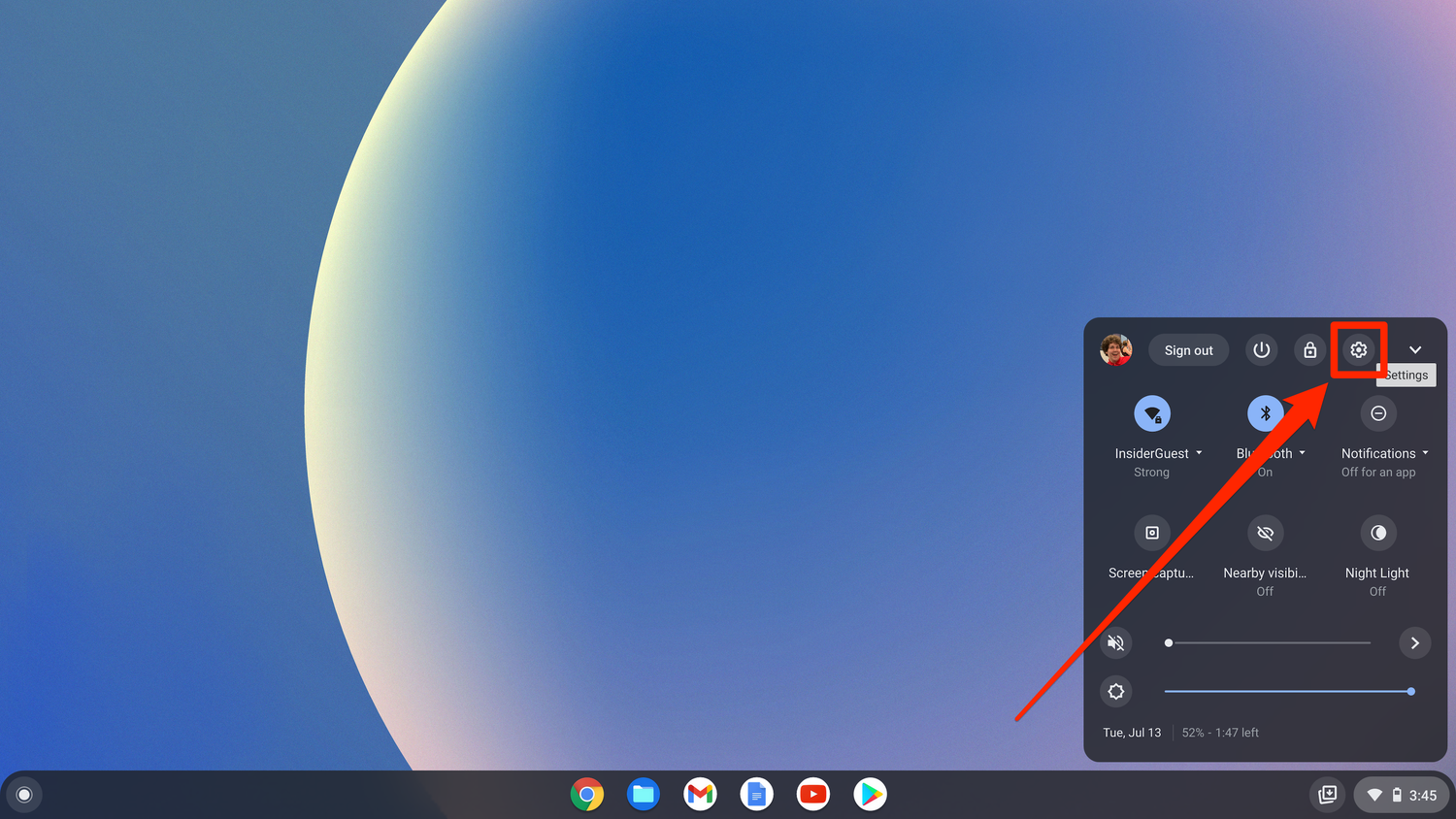 A Chromebook's quick settings menu, with the full settings gear icon highlighted.