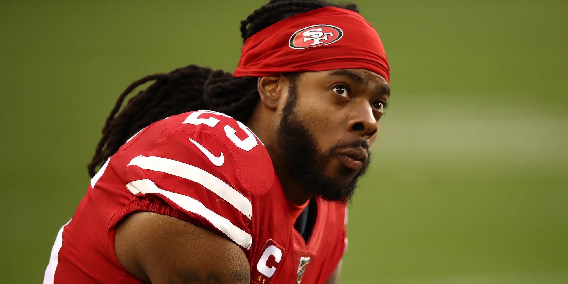 Richard Sherman #25 of the San Francisco 49ers looks on during the NFC Championship game against the Green Bay Packers at Levi's Stadium on January 19, 2020 in Santa Clara, California.