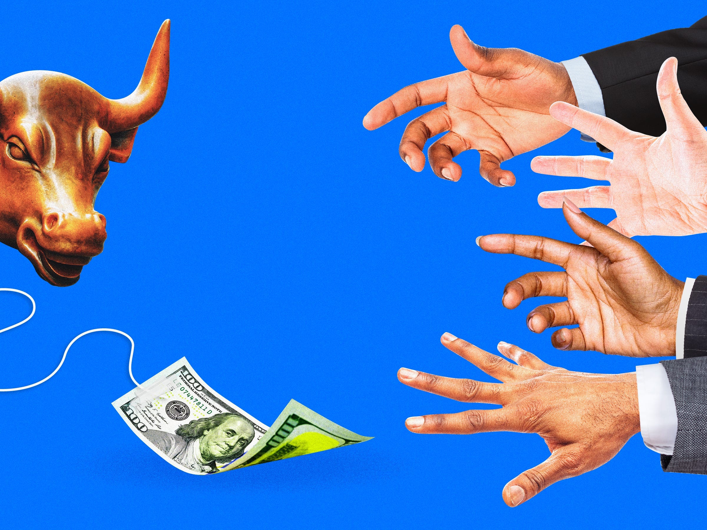 The Wall Street bull tempting suited hands with a one hundred dollar bill on a blue background