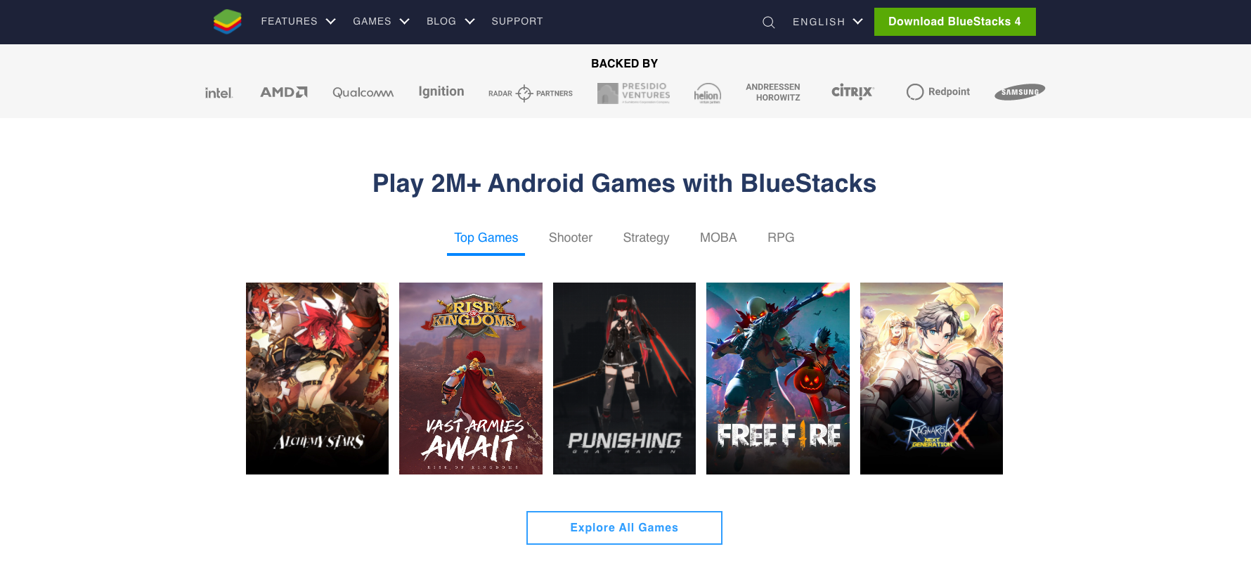 BlueStacks' website, advertising its most popular games and industry partners.