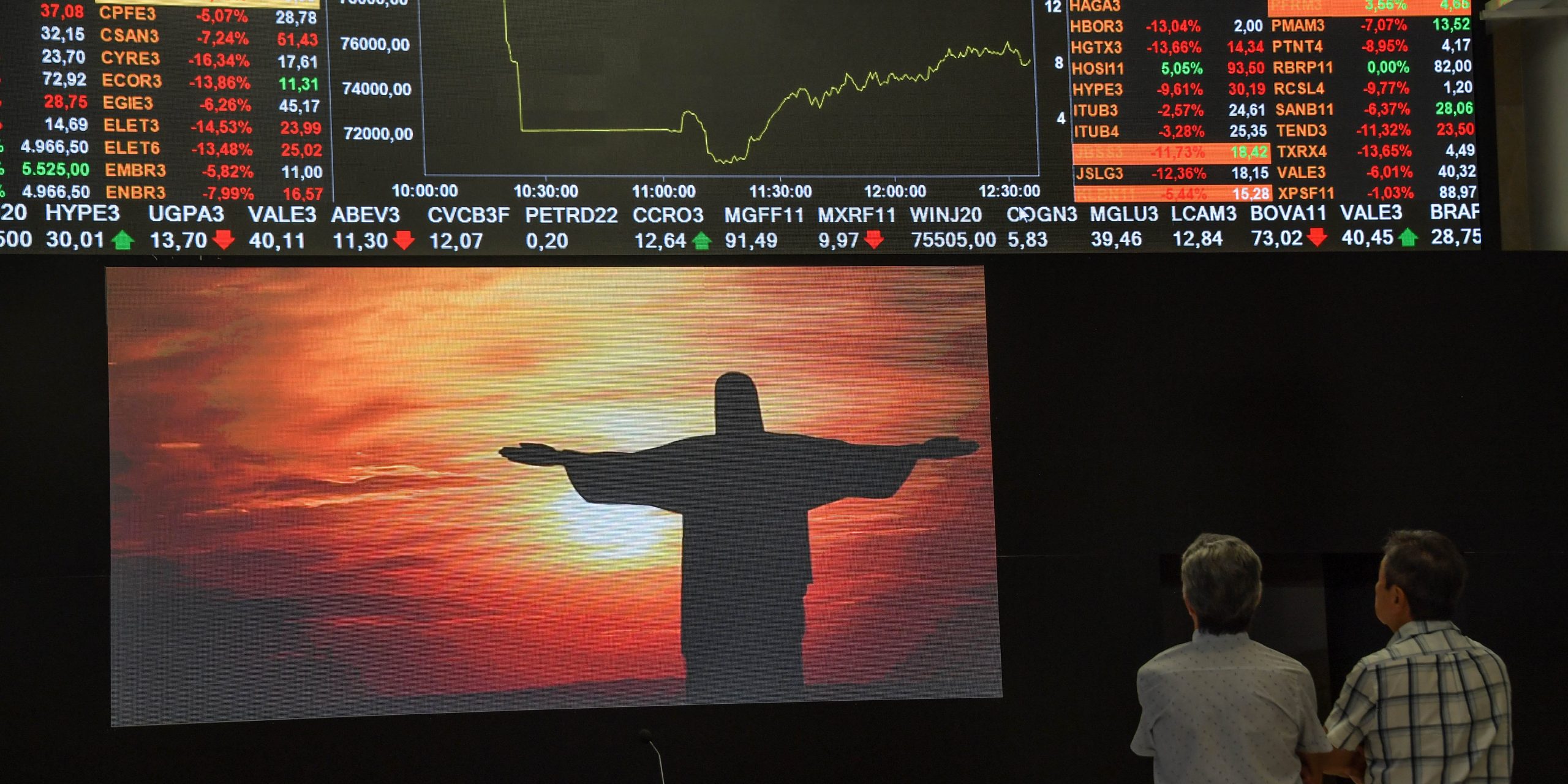 An electronic board shows stock prices at the Sao Paulo Stock Exchange in Brazil.