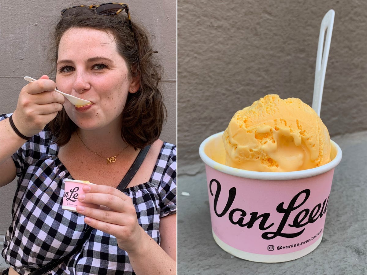 A side-by-side of a woman eating a spoonful of ice cream and a pink bowl full of yellow ice cream.