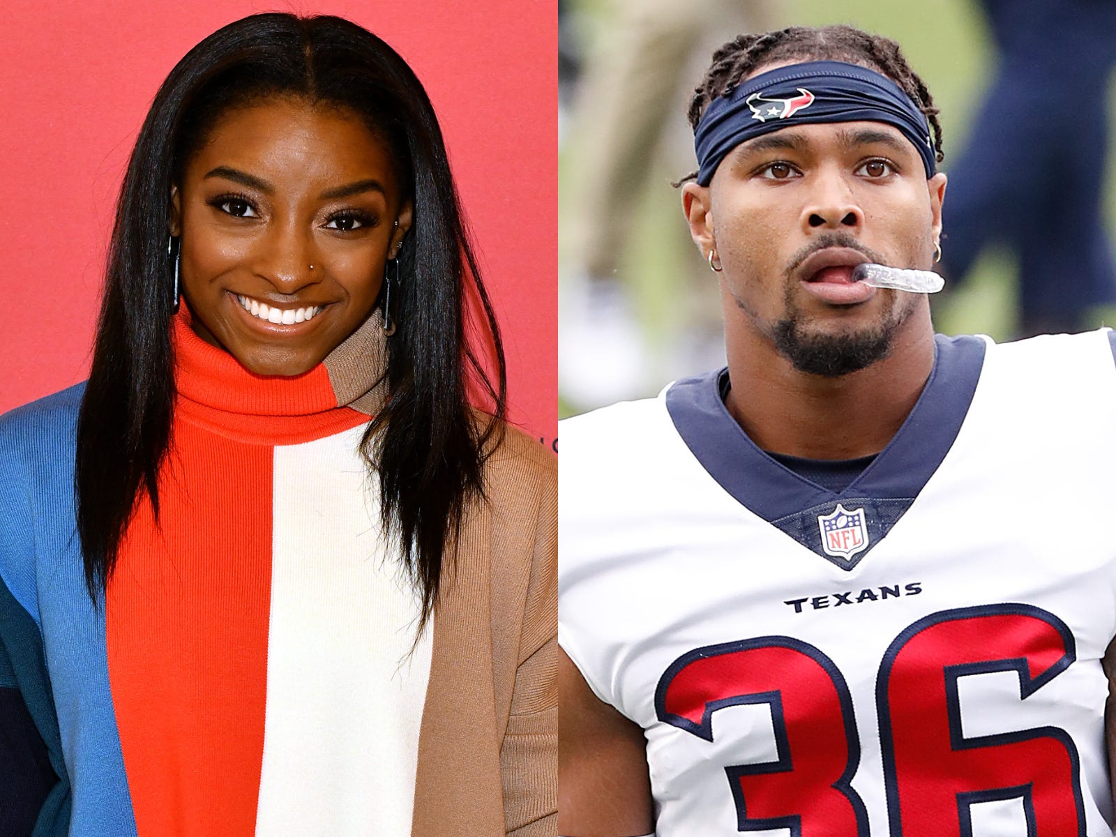 Side-by-side headshots of simone biles jonathan owens in his Texans jersey